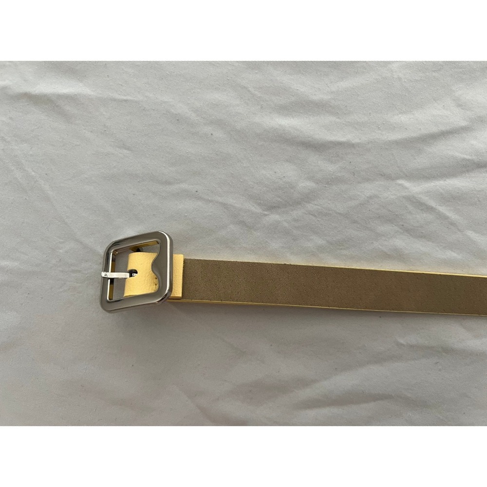 Womens Skinny Yellow Faux Leather Belt Silver Square Buckle Grommet Detail - Picture 6 of 7